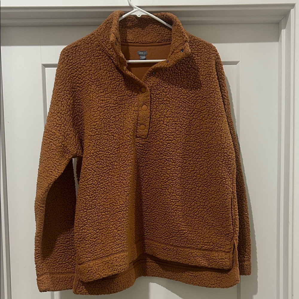 Cozy Aerie Sherpa Pullover - camel Brown small oversized